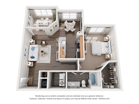 Floor plan for 1 bed, 1 bath, 955 sqft